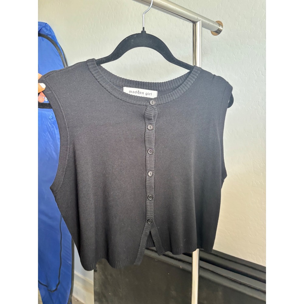 Black Sweater Vest Sleeveless Button Up Cardigan Madden Girl Knit Crop Top XL